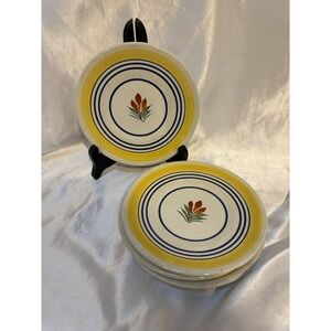 VTG Henriot Quimper Stoneware 6" Plates - Set Of 4 France Signed Floral Plants